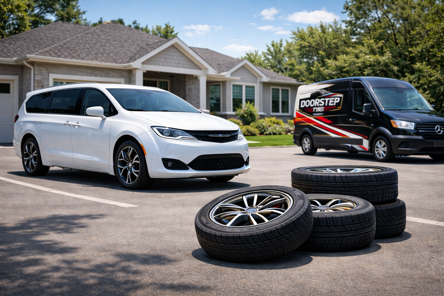 Doorstep Tire Change mobile service van alongside a minivan at a residential property